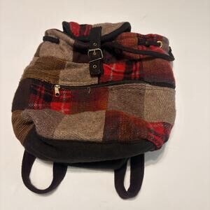 Vintage Wool Blend Patchwork Backpack Plaid Boho Rucksack Made in India Bag